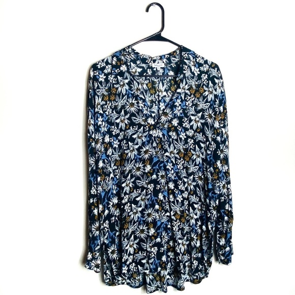 Splendid women size L tunic blouse av neck floral black Orange white long sleeve - Picture 1 of 7